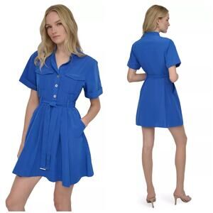 NEW DKNY Donna Karen New York Short Sleeve Collar Neck Shirtdress Royal Blue